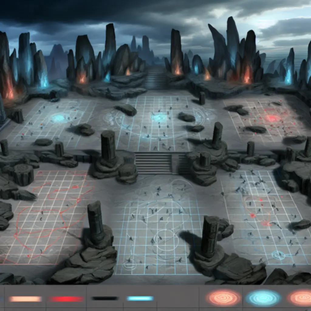 Arena bossa z zaznaczonymi bezpiecznymi strefami i trajektoriami ataków