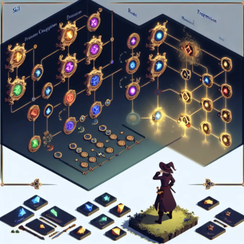 Panel rozwoju postaci z drzewkiem talentów i runami