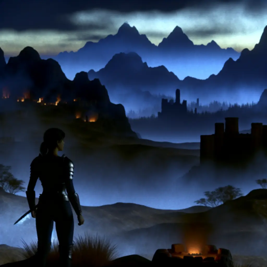 Ciemny, fantazyjny pejzaż z bohaterem w gotowości do walki — klimat Survival Fantasy – Roguelike PRO