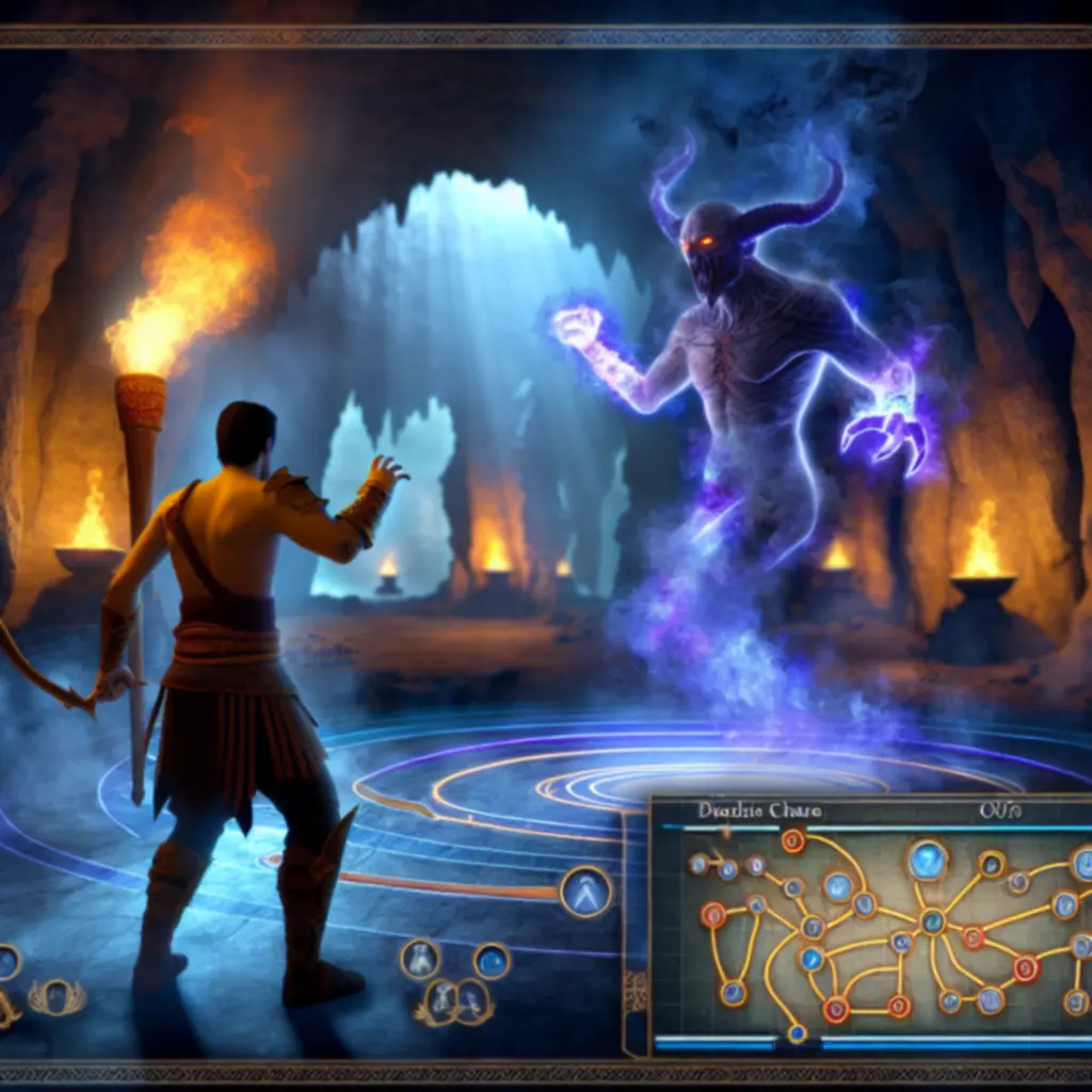 Kolaz funkcji gry: starcia z bossami, interfejs umiejętności, mapa z losowo generowanymi korytarzami