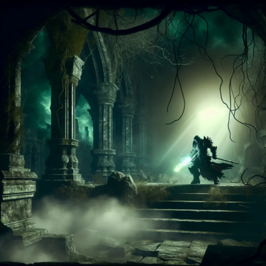 Ciemne, fantastyczne ruiny i bohater szykujący się do walki — klimat Survival Fantasy – Roguelike PRO