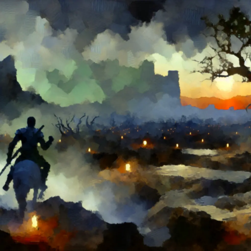 Mroczny krajobraz fantasy z bohaterem przygotowującym się do walki