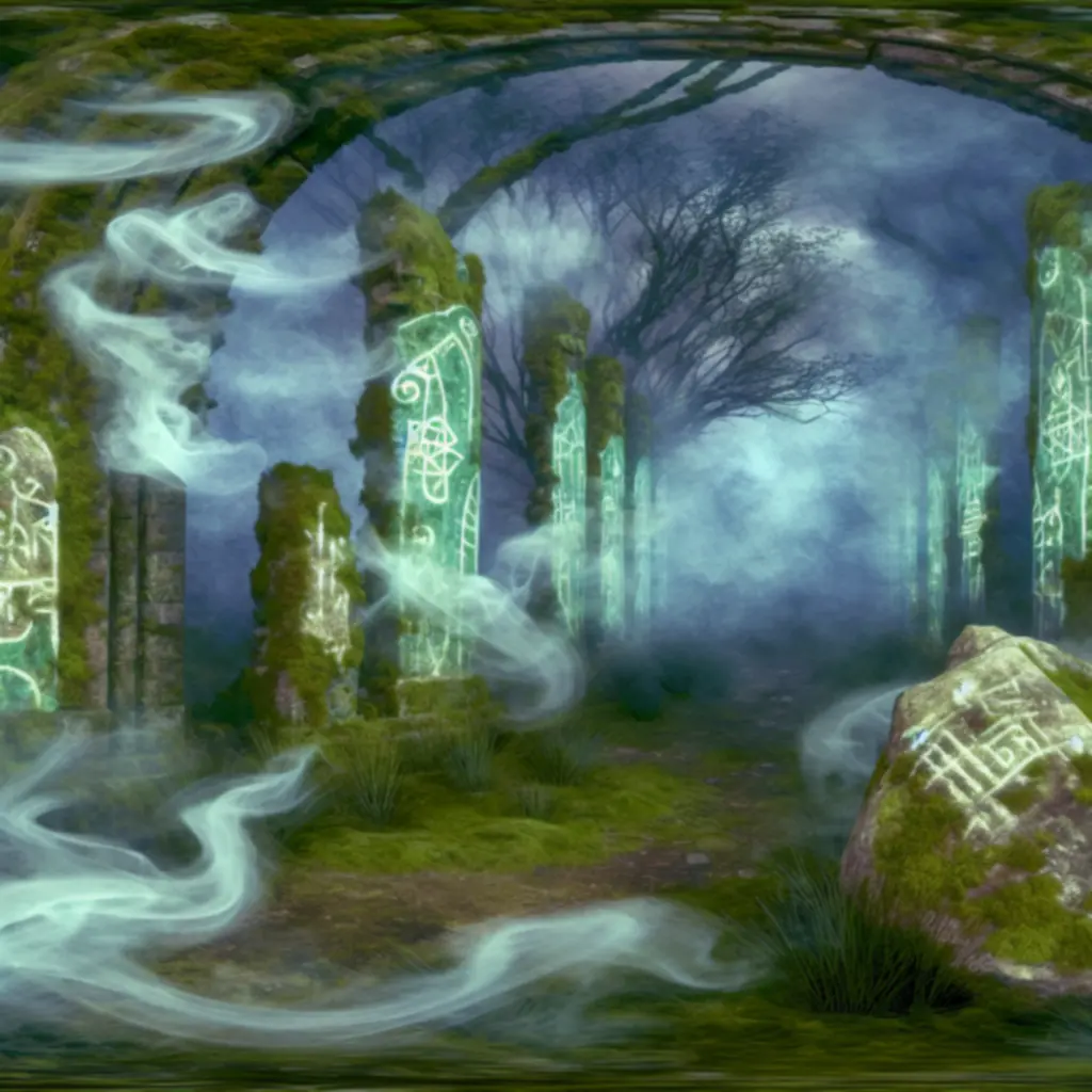 Starożytne ruiny spowite mgłą i runiczne symbole sugerujące ukrytą historię świata