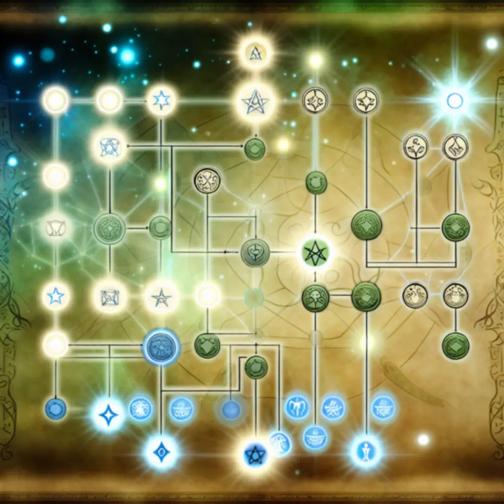 Schemat drzewka progresji postaci w Survival Fantasy – Roguelike PRO